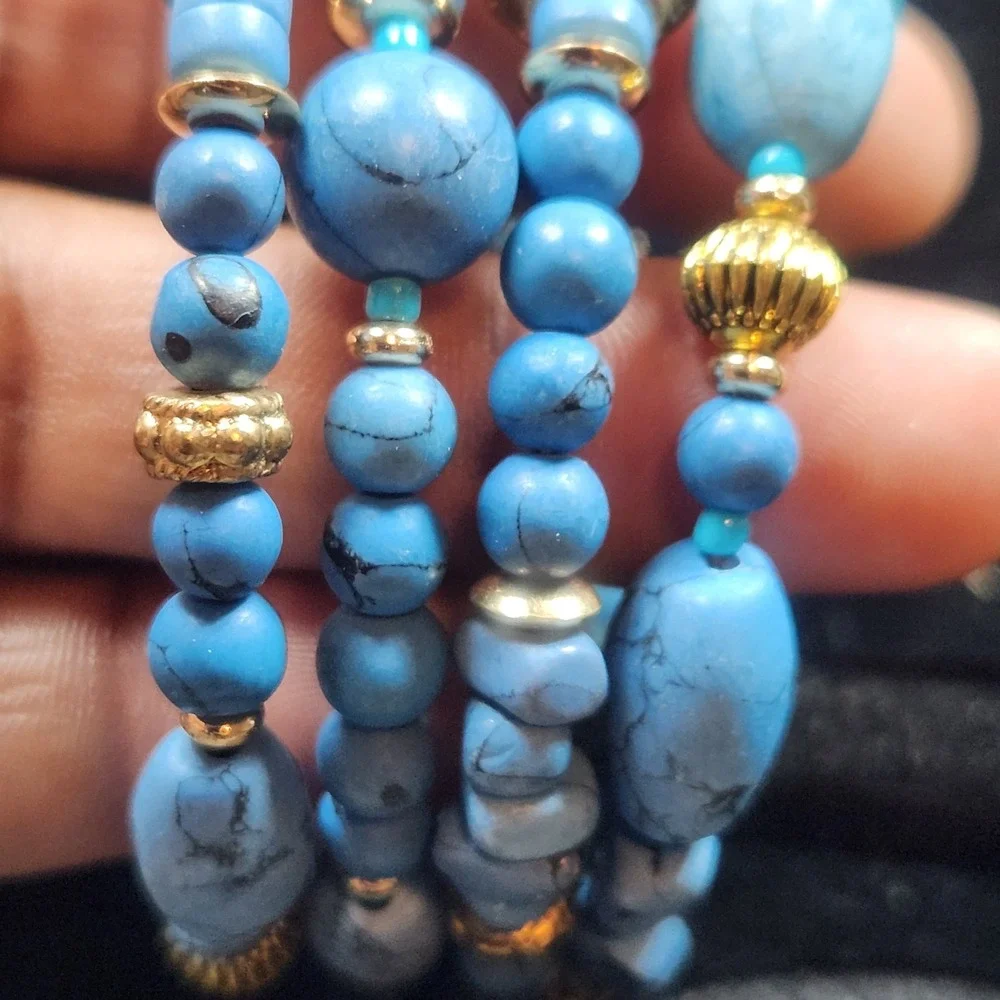 Chicos Blue Turquoise  color Multi Strand Wrap Bracelet Gold Tone Accents